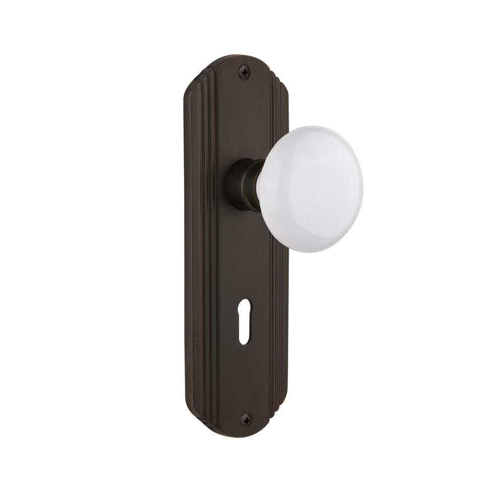 Nostalgic DECWHI  Deco Plate with Keyhole Privacy White Porcelain Door Knob in Oil-Rubbed Bronze